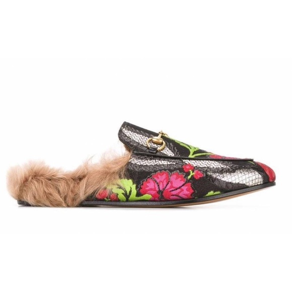 New Gucci Princetown fur Tapestry Brocade Fur Floral slippers flats - Picture 5 of 11